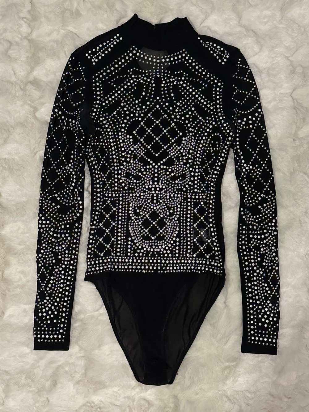Women’s Bodycon Studded Black Long-Sleeve Bodysuit- Deadstock